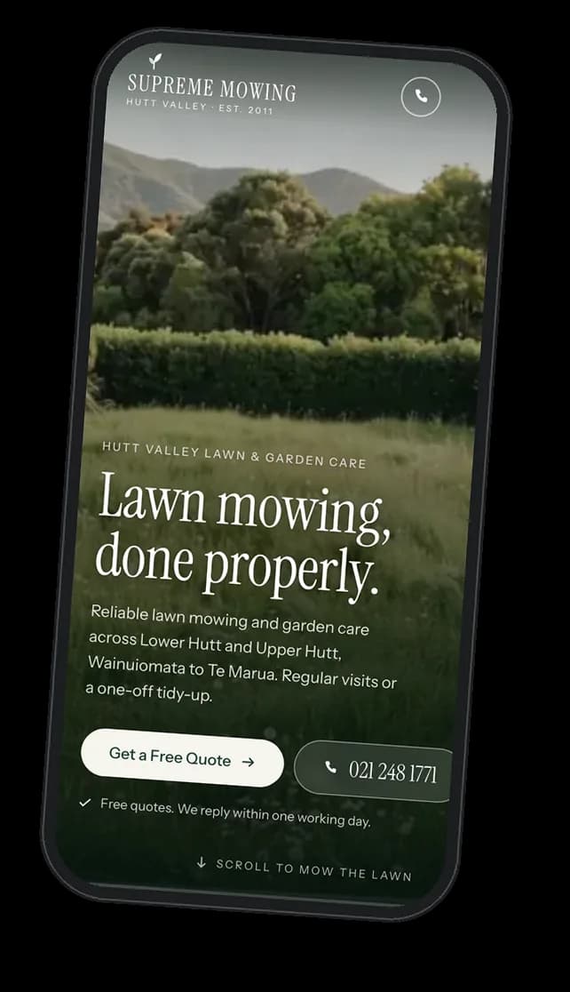 The Supreme Mowing site we built, shown on an iPhone: a lawn hero with a free quote button and tap-to-call number
